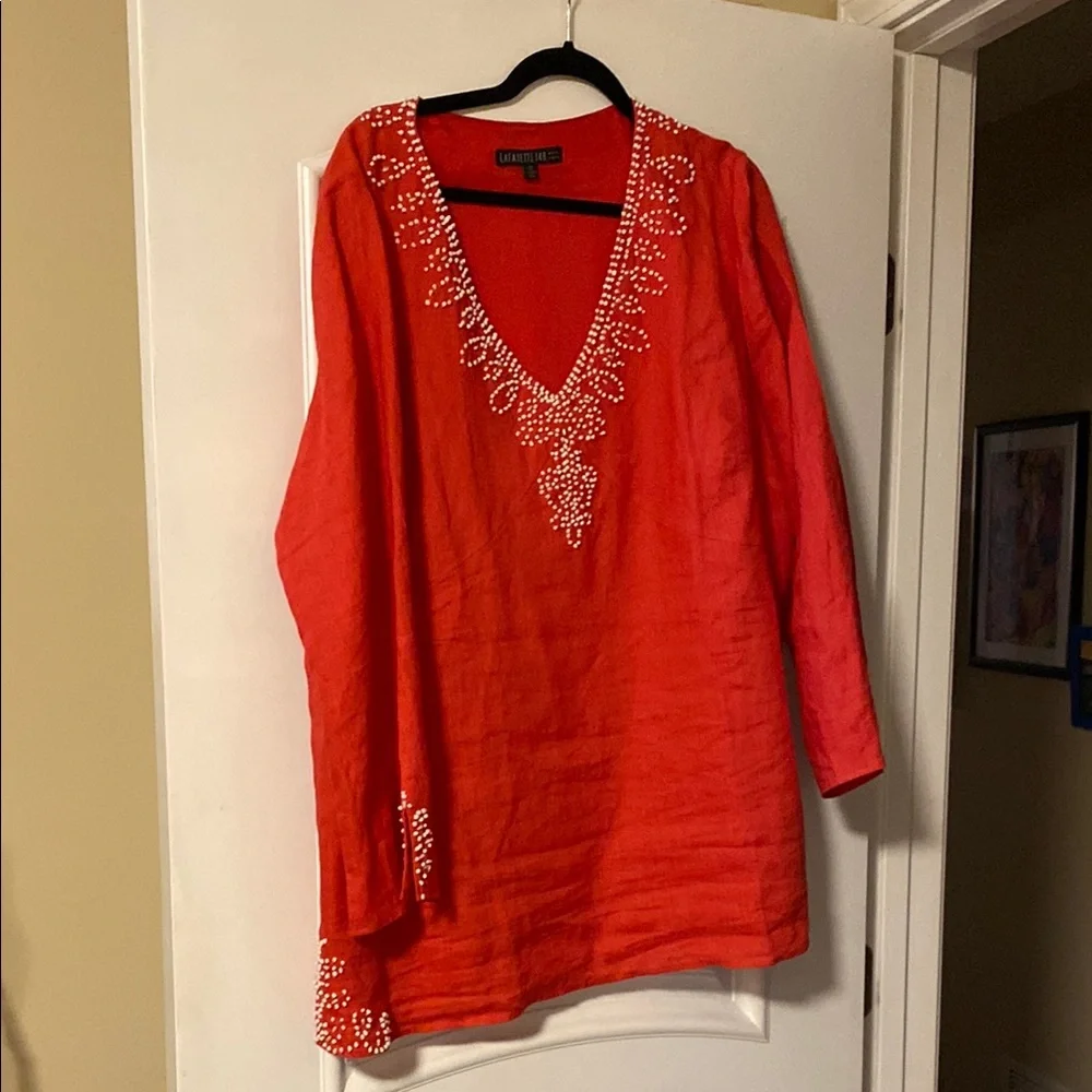 Lafayette 148 New York Red Tunic with White Embroidery - Picture 1 of 1